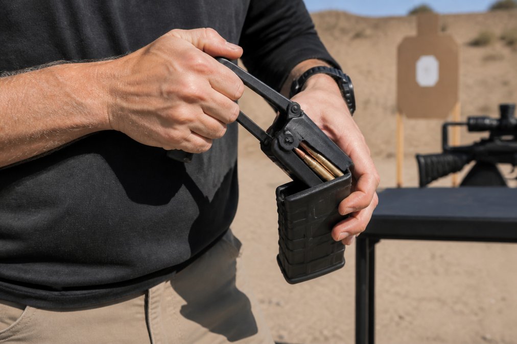 Shooter's hands demonstrating proper grip technique on a heavy duty speed loader while loading an AR-10 magazine at an outdoor range, showing ergonomic hand position and lever engagement in natural sunlight