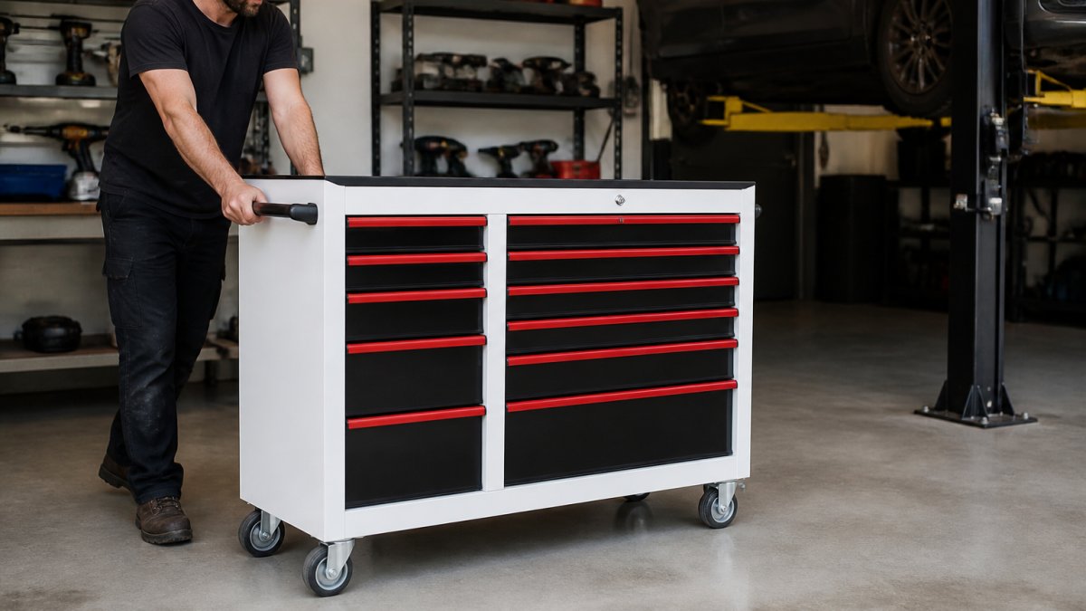 Mechanic moving a large steel tool cabinet across a smooth concrete workshop floor using its integrated casters.