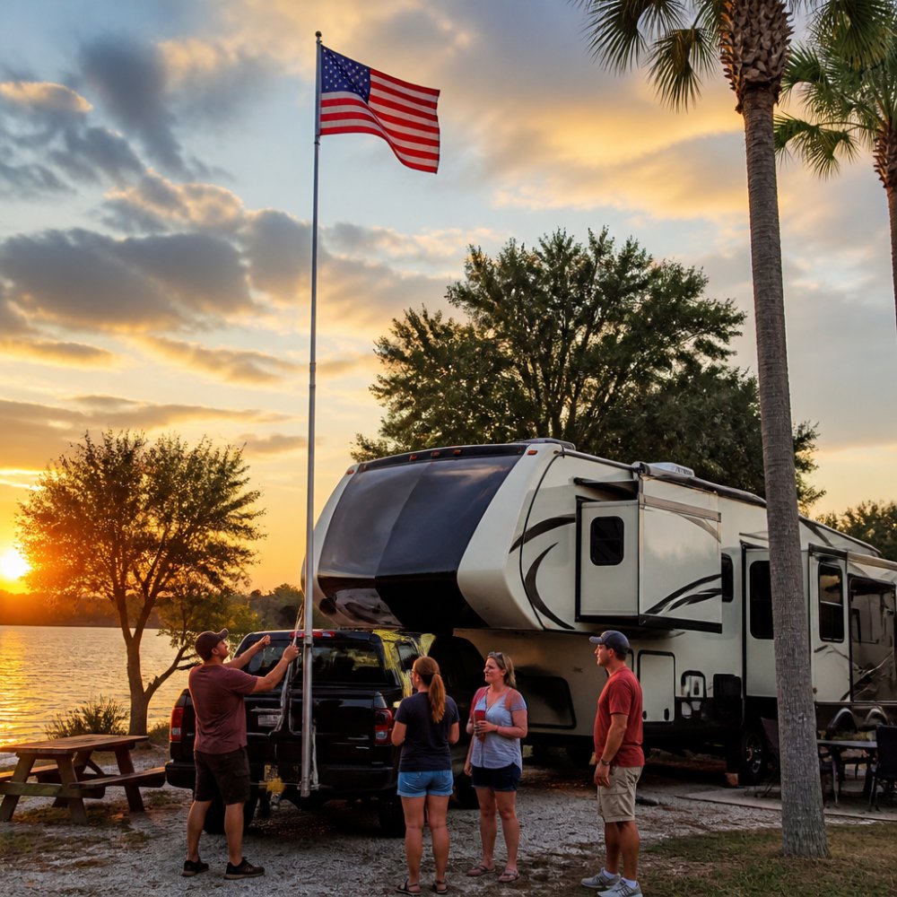 Travelers adjusting a telescoping flagpole mounted in a truck hitch with a fifth wheel trailer in the background