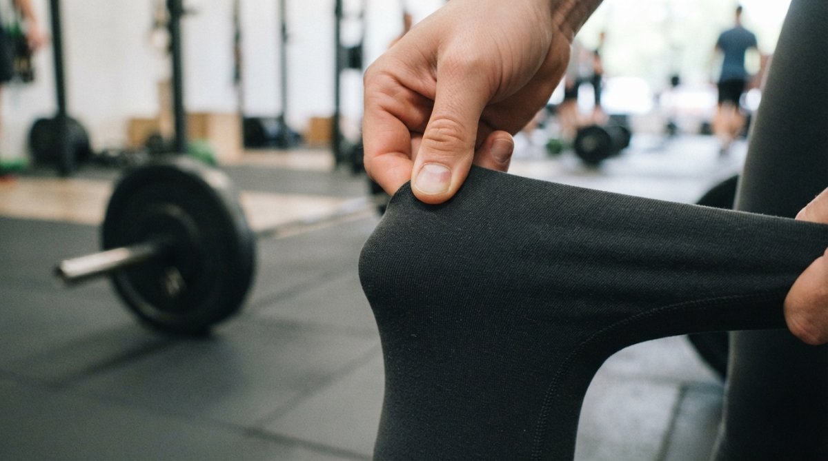 Hand stretching thick fabric of squat proof leggings in a gym setting