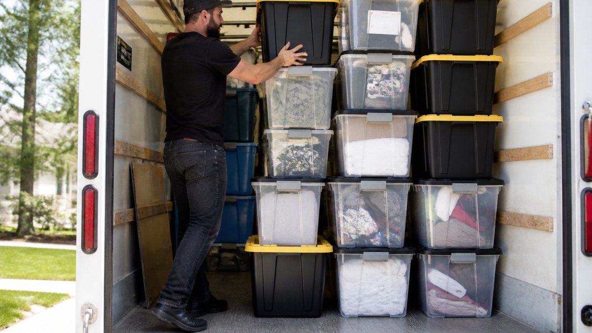 Professional organizing and stacking various heavy-duty plastic storage bins of different sizes in a bright moving truck, with natural sunlight streaming through the open doors, showing clear labeling and secure stacking
