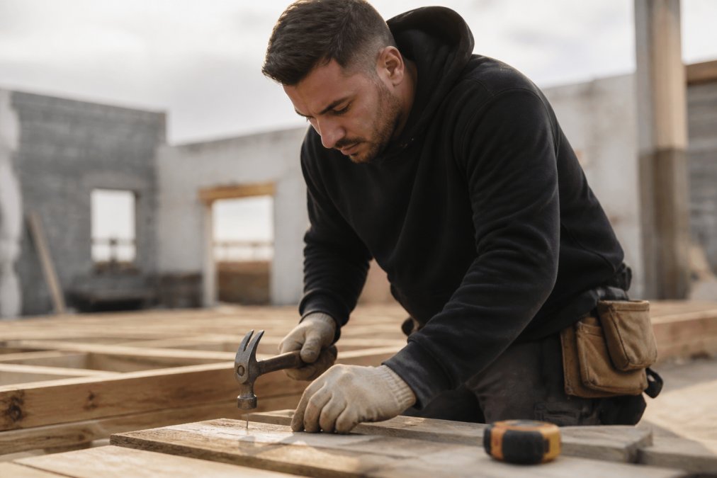 Entrepreneur in heavy-duty hoodie actively working at a construction site with tools, hands engaged in real work, natural outdoor lighting showing fabric texture and durability in use