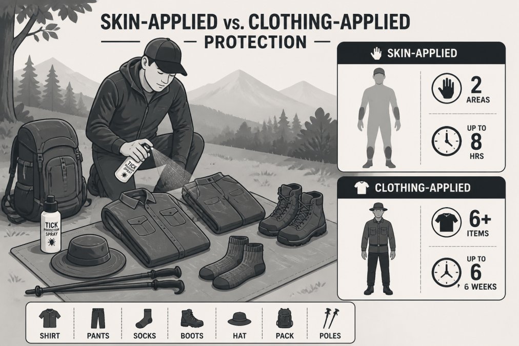 Outdoor enthusiast preparing hiking gear outdoors, showing clothing, socks, and outdoor equipment ready for tick protection treatment, with natural daylight illumination