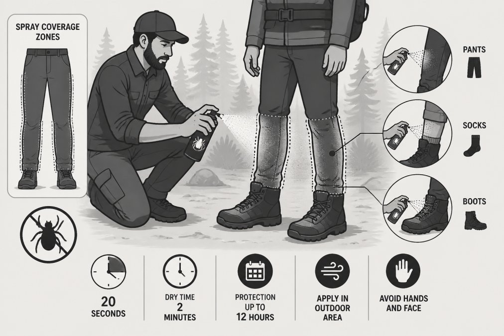Professional demonstrating heavy duty tick protection spray application technique on hiker's legs and boots in wooded outdoor setting, showing proper spray coverage and protective positioning