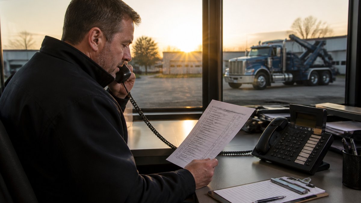 Fleet manager reviewing a heavy duty towing checklist in a dispatch office at dawn