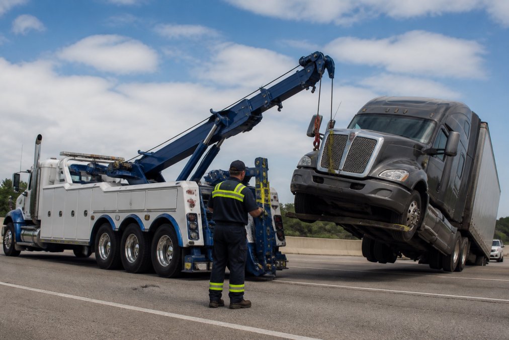 Professional heavy-duty towing truck with extended boom lifting a large commercial semi-truck on a busy freeway during daytime, showing specialized recovery equipment and trained operator at work