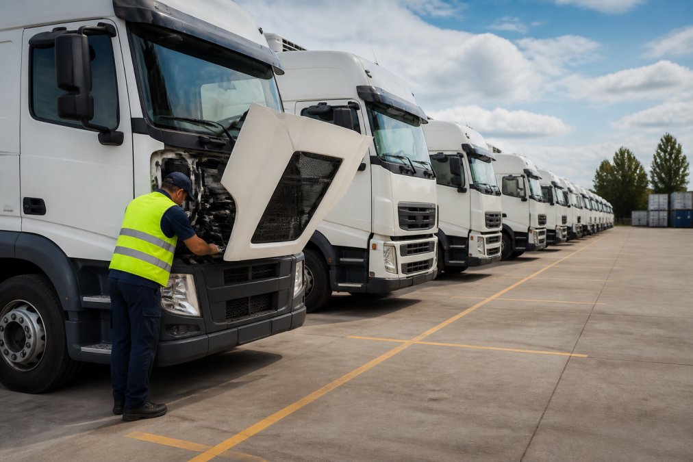 Fleet of five commercial delivery trucks parked in organized rows at a logistics depot, with uniformed service technician in safety vest inspecting one truck's engine compartment
