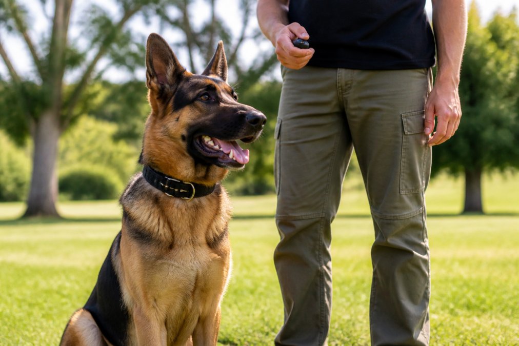 A strong German Shepherd sitting calmly beside its owner in a sunlit park, wearing a sturdy black nylon training collar with a polished metal D-ring, the owner holding a small remote control device
