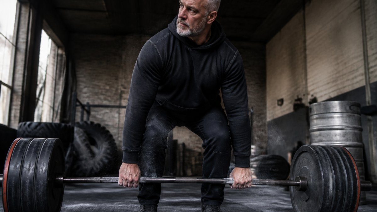 A man in his fifties wearing dark heavy duty gym clothing, gripping a loaded barbell in a gritty warehouse gym, chalk dust in the air, focus on reinforced seams and thick fabric