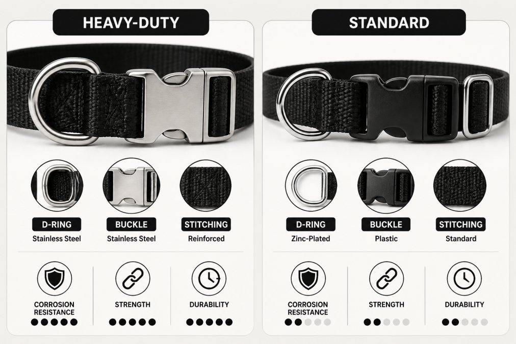 Close-up of heavy-duty dog collar hardware showing stainless steel D-rings and quick-release buckles with reinforced stitching, compared to standard nylon collar with zinc-plated hardware, photographed on white surface with natural lighting