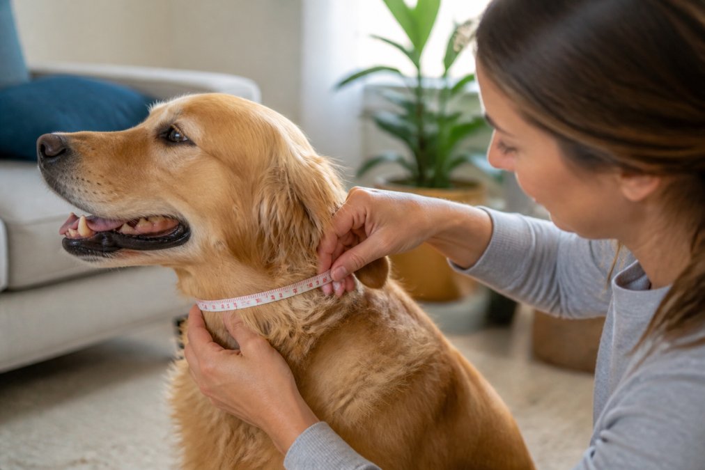 Pet owner gently measuring a golden retriever's neck with a soft measuring tape, showing proper two-finger spacing between collar and neck, in a home setting with natural window lighting