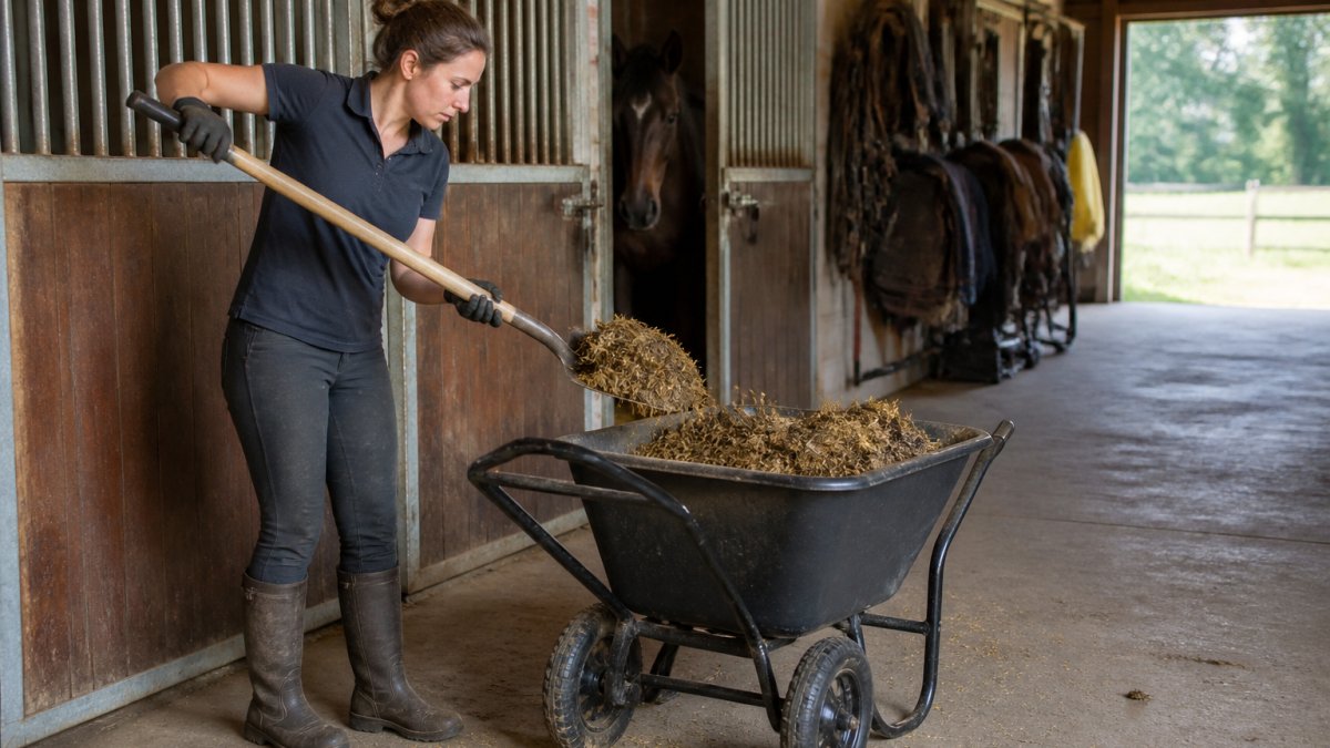 Barn worker loading a heavy-duty wheelbarrow with soiled bedding and manure from a horse stall, wheelbarrow positioned on concrete barn flooring with natural light from barn doors