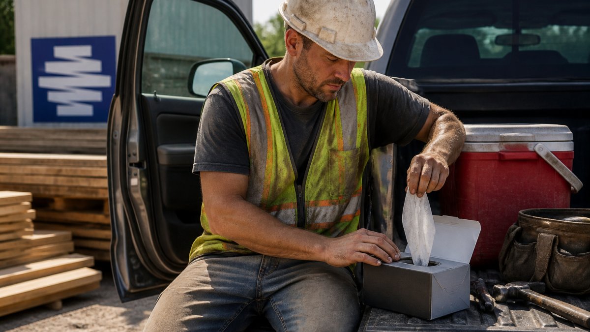 Construction worker in a dusty hi-vis vest using a heavy duty wipe to clean his hands by a pickup truck