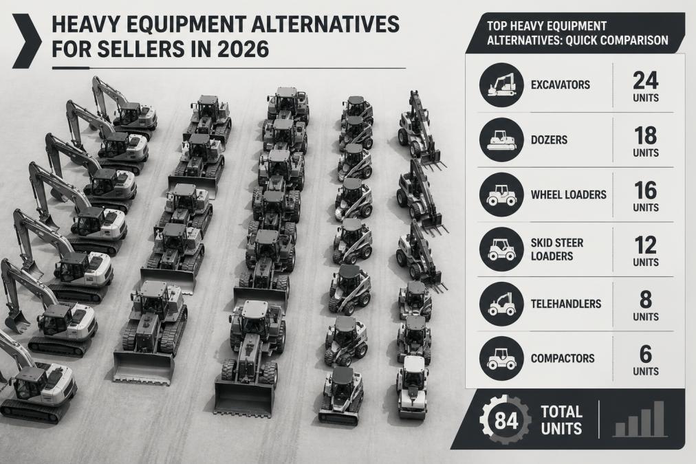 Heavy equipment including excavators, dozers, and trucks lined up in an outdoor equipment yard, photographed from above showing multiple machines ready for sale