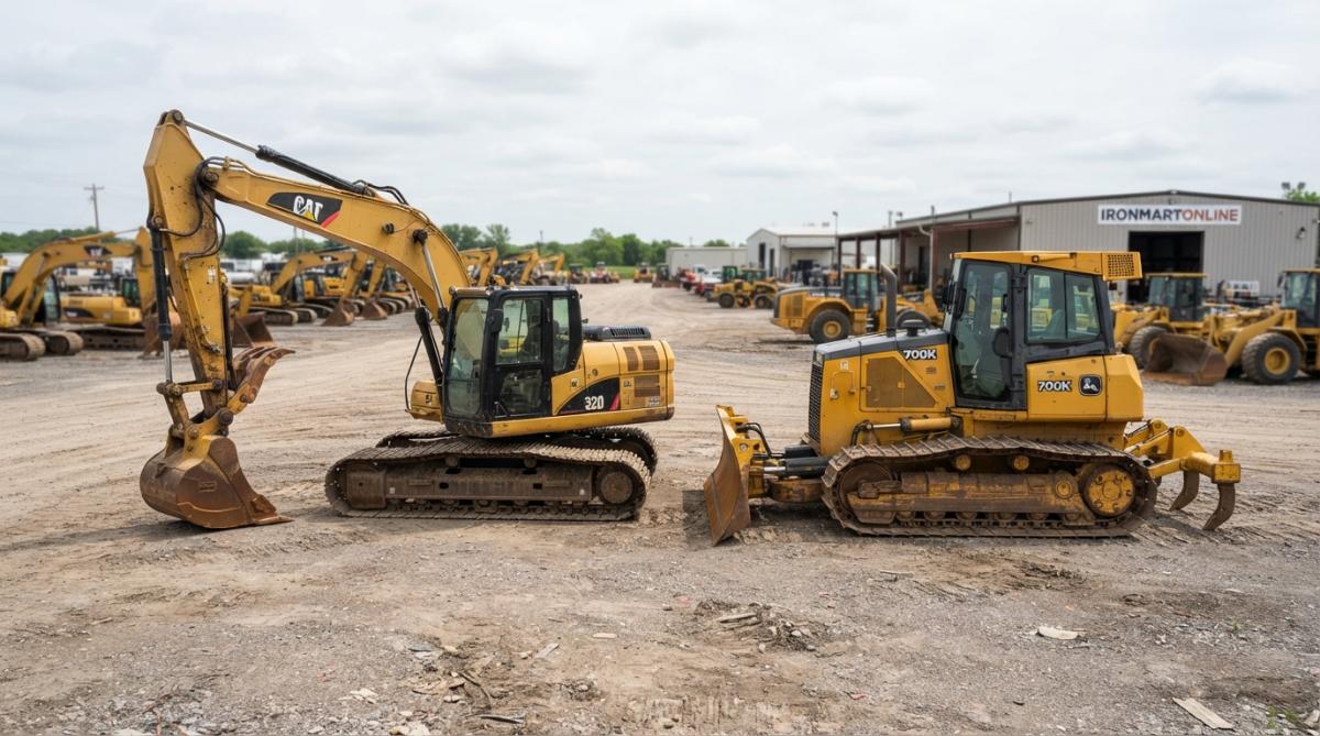 Buyer and seller shaking hands in front of heavy construction equipment on a job site, with excavators and dozers visible in the background under clear daylight