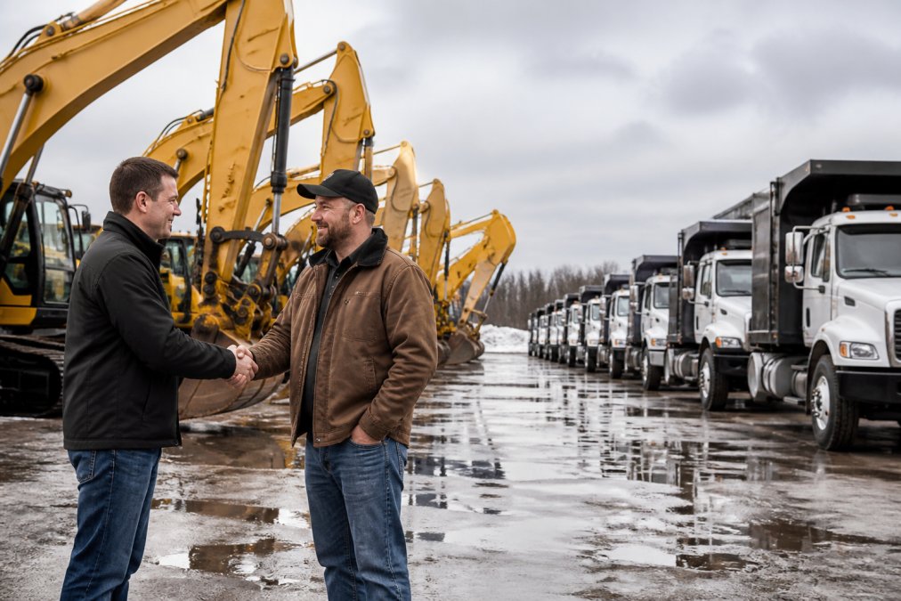 A salesperson and buyer shaking hands at a dealership lot full of heavy equipment deals before winter.