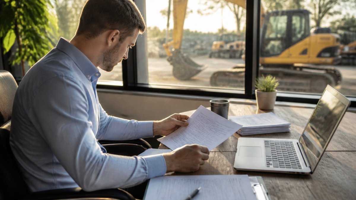 A commercial loan broker in a button-down shirt reviewing equipment financing documents at a wooden desk, laptop open to an approval dashboard, a yellow excavator visible through the office window behind him, soft morning light