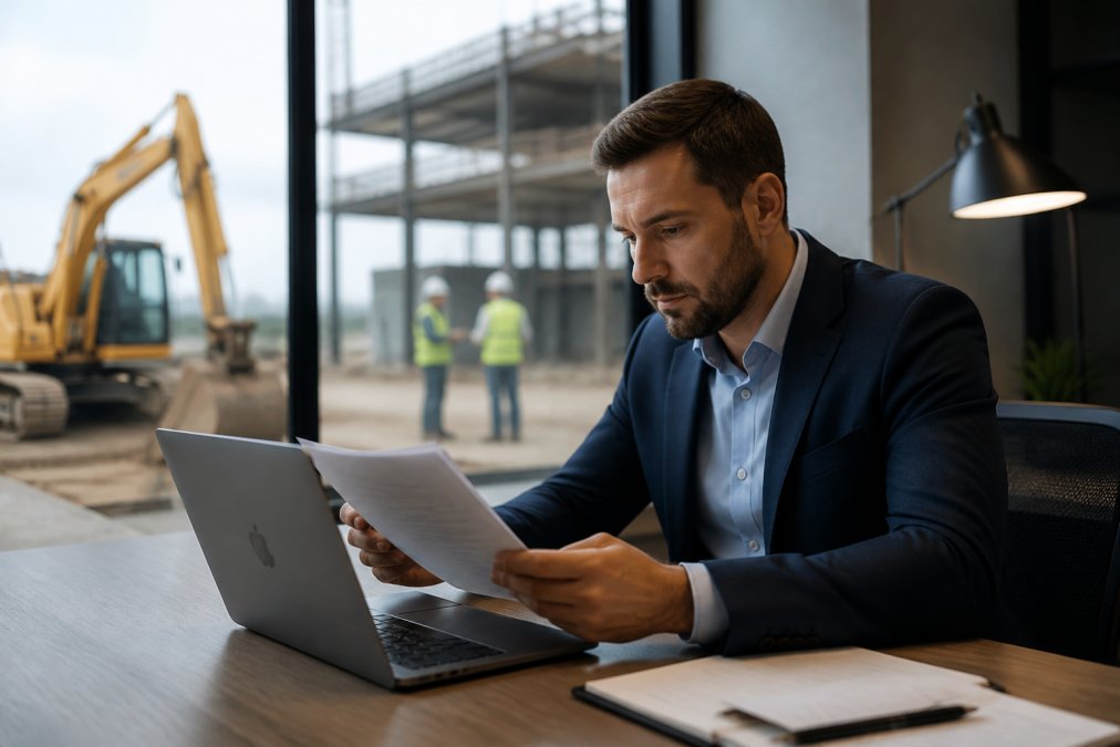 A professional finance broker in a modern office reviewing equipment financing documents on a laptop, with a construction site visible through the window
