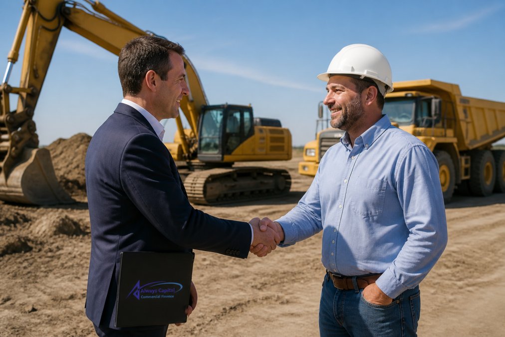 A broker and construction owner shaking hands on a job site during heavy equipment finance negotiations