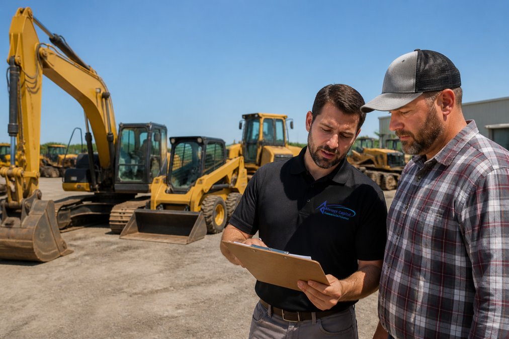 A row of heavy construction equipment including an excavator, skid steer, and bulldozer parked at a dealership yard under clear skies, with a broker and client reviewing paperwork on a clipboard in the foreground