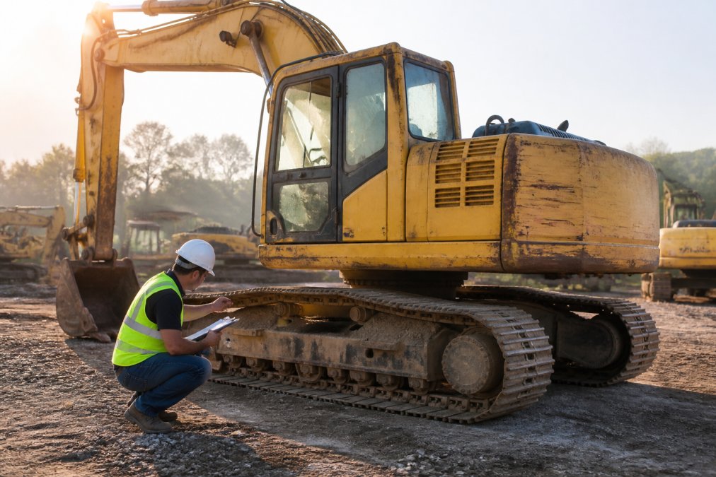 Inspector examining a used excavator on a construction site with no age restrictions on financing eligibility.