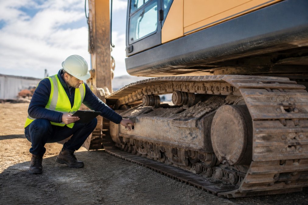Operator in safety gear using an inspection checklist on an excavator undercarriage at a job site