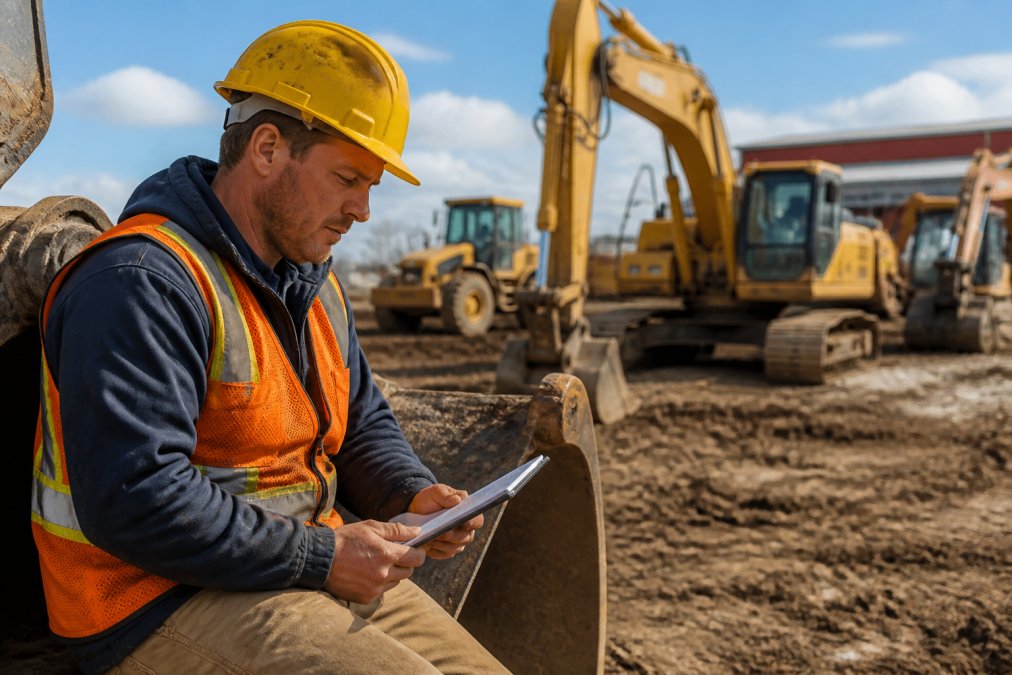 Heavy equipment operator studying training materials on a tablet at a job site, with excavator and other construction machinery visible in the background, natural daylight