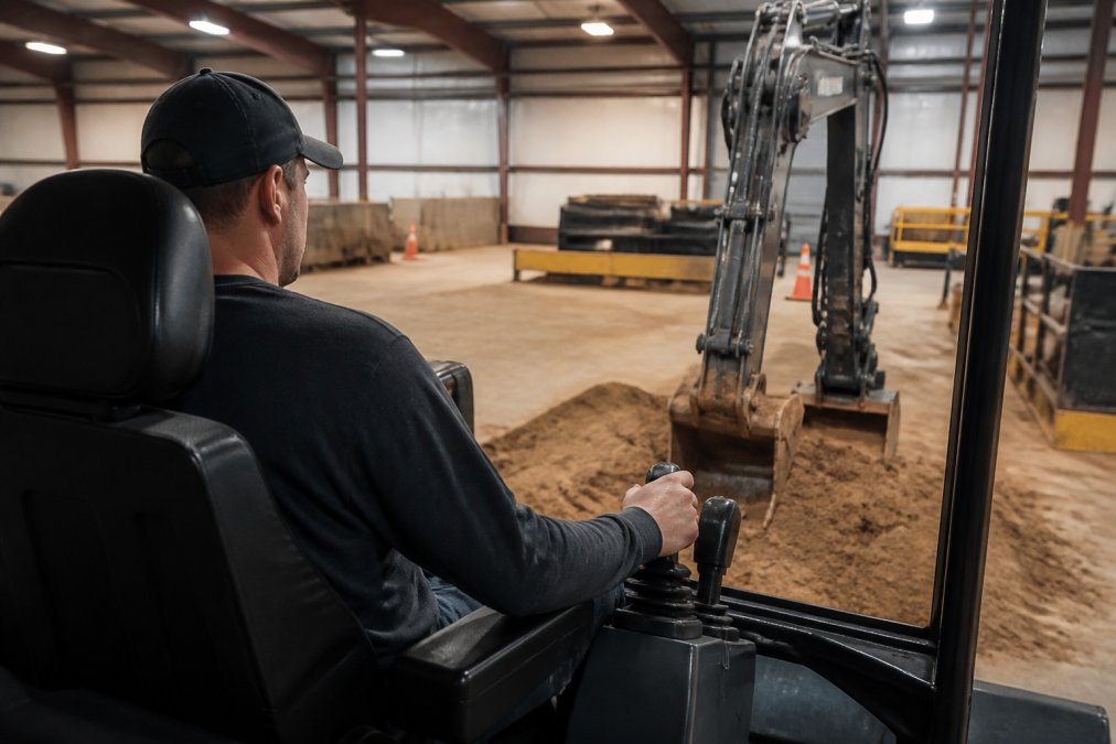 Operator seated in simulator cab with control interfaces visible, hands on controls during virtual equipment operation training, indoor facility lighting
