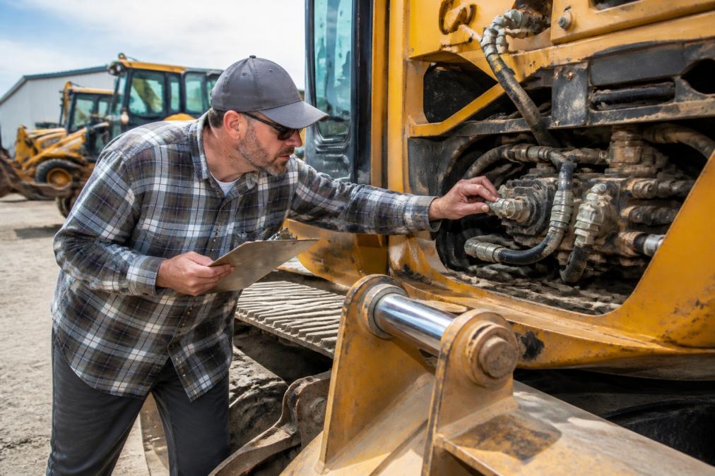 Contractor inspecting hydraulics and mechanical parts for a heavy equipment purchase in a storage yard