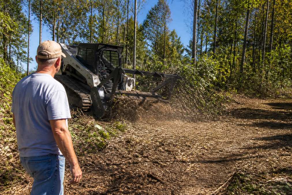 A compact track loader with a forestry mulcher attachment clearing thick underbrush on a rural property, cut vegetation and a dirt path visible in the foreground, late-morning sunlight through hardwood trees