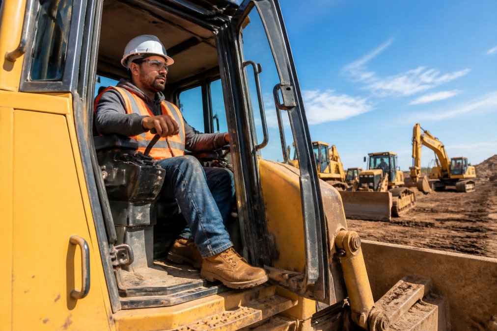 A confident heavy equipment operator in a hard hat and work gear seated at the controls of a large bulldozer on an earthmoving job site, other yellow construction machinery and a clear blue sky visible in the background