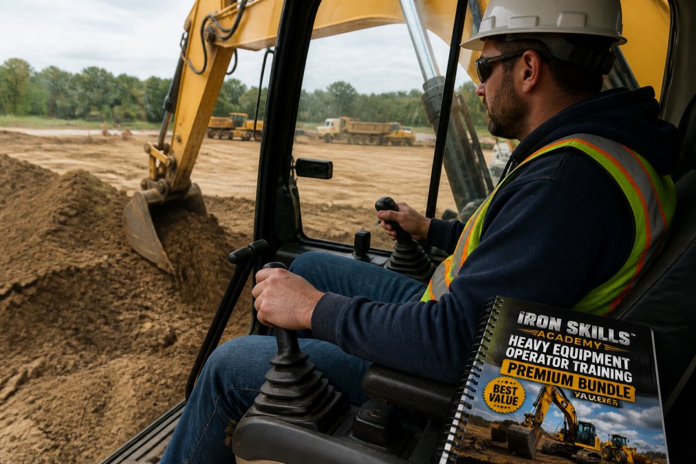 Experienced heavy equipment operator confidently controlling an excavator on an active construction site, with clear focus on the operator's hands on controls and concentration on the digging task