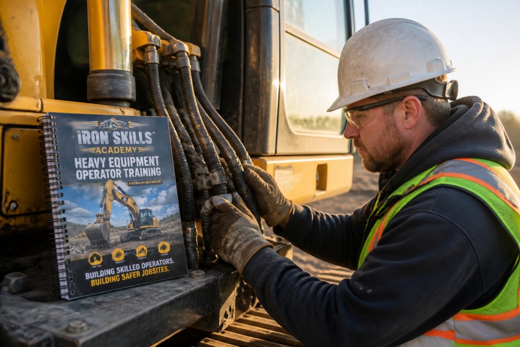 Close-up of a skilled operator's hands performing a thorough pre-operation inspection on heavy equipment, methodically checking hydraulic lines, controls, and safety features in morning light