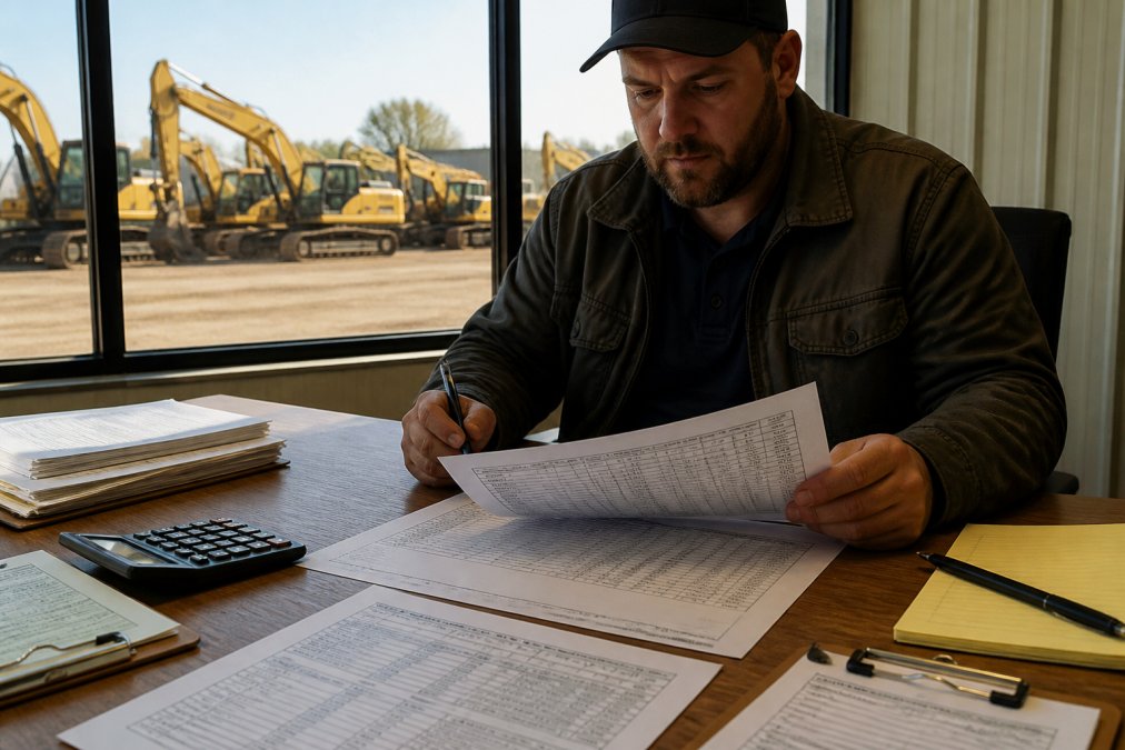 Construction equipment manager reviewing detailed auction bid sheets and fee calculations at a wooden desk, with heavy machinery visible through the office window in afternoon light