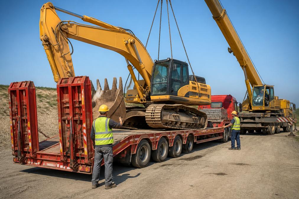 Heavy excavator being carefully loaded onto a specialized transport trailer using a mobile crane, with professional logistics crew directing the operation in bright daylight