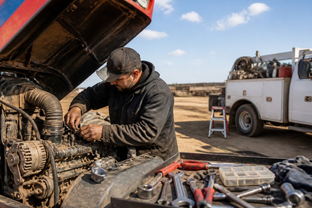 Skilled mechanic working on heavy tractor engine in outdoor on-site setting, diagnostic equipment and tools visible on work surface, natural daylight illuminating engine compartment