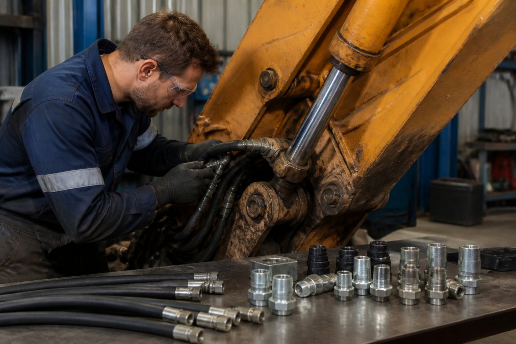 Mechanic closely inspecting and working on hydraulic hoses and cylinders in workshop setting, replacement parts and fittings organised on nearby bench, workshop lighting clearly showing component details