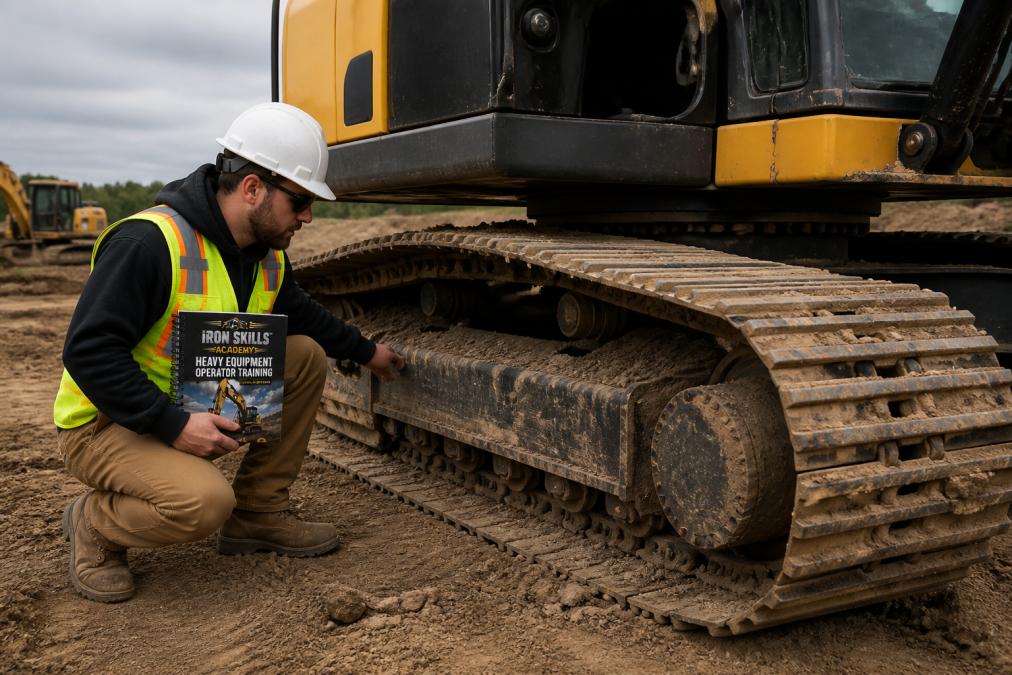 Operator conducting a thorough visual walk-around inspection of excavator on construction jobsite, checking undercarriage and structural components for damage and fluid leaks