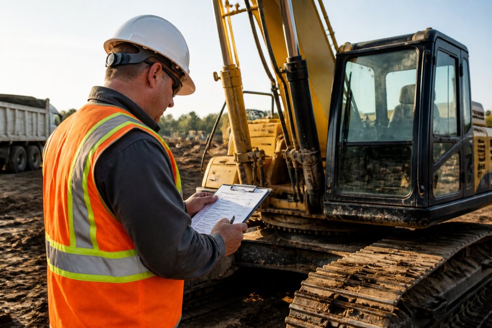 A safety officer in a high-visibility orange vest and white hard hat reviewing a clipboard checklist beside a large yellow excavator on an active construction site in morning light