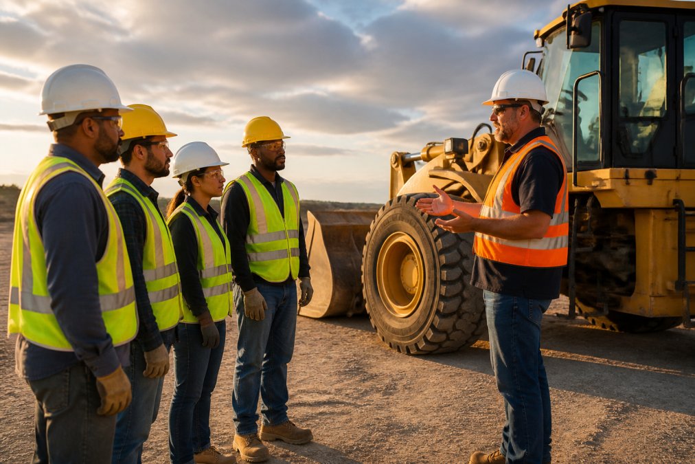 A small group of four heavy equipment operators in PPE including hard hats and high-visibility vests gathered attentively around an instructor standing near a yellow wheel loader during an onsite training session in late afternoon sunlight