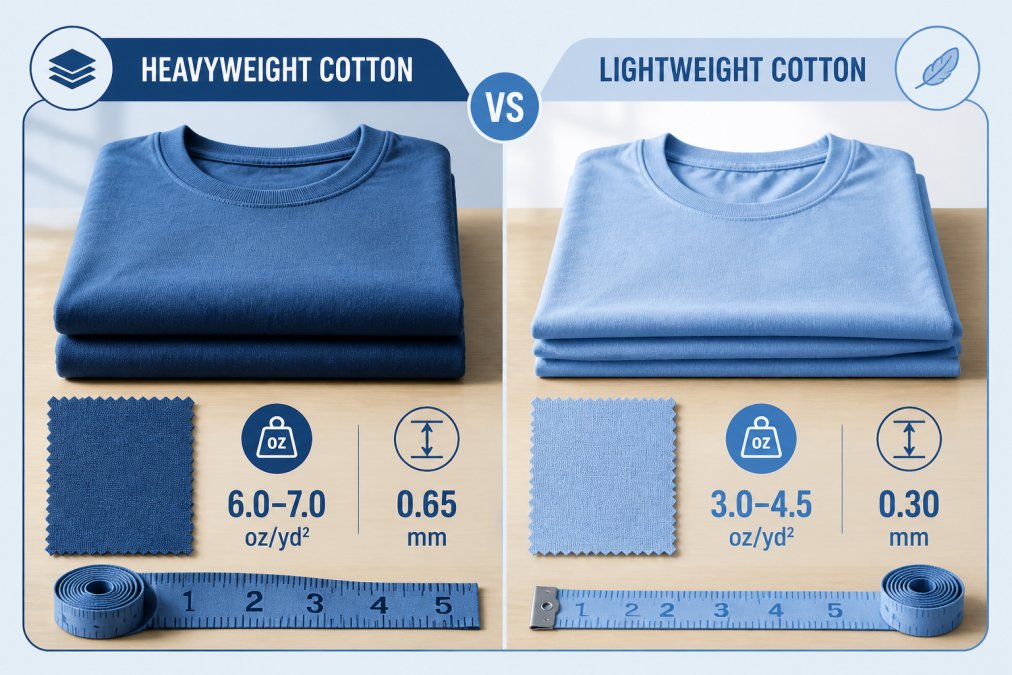 Two folded t-shirts side by side on a wooden table, one thick and structured, one thin and soft, with a fabric swatch and measuring tape nearby in natural light