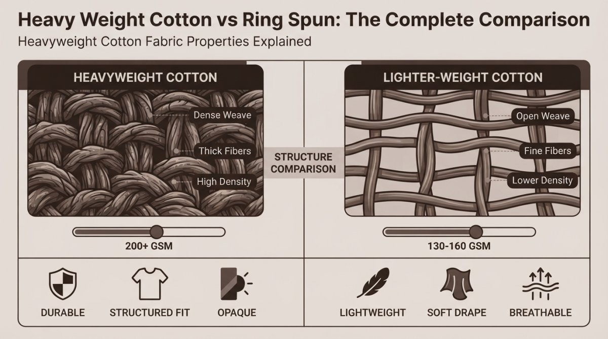 Professional illustration showing heavy weight cotton vs ring spun