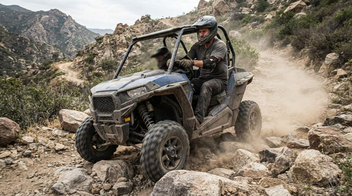 Off-road rider wearing a heavyweight t-shirt while navigating rocky terrain on a UTV trail, showing the shirt's fit and durability during active trail riding with dust and rocky landscape visible