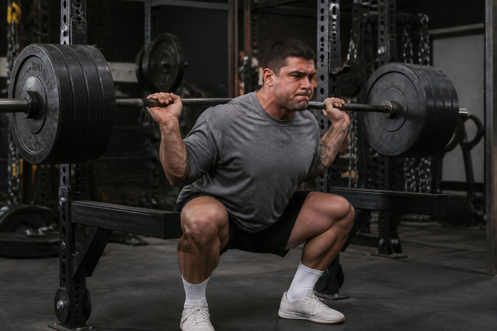 Athlete performing heavy barbell squat while wearing oversized heavyweight cotton tee, demonstrating fabric stability and drape during compound movement with proper shoulder and chest positioning
