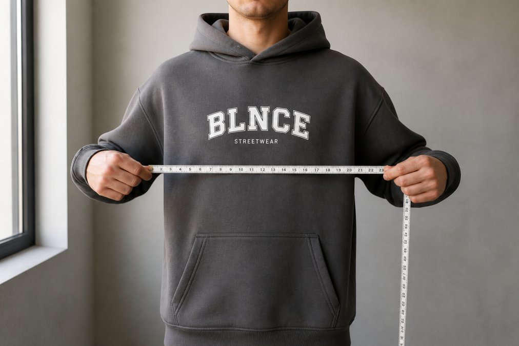 Person wearing a heavyweight 350GSM cotton hoodie standing straight-on in natural daylight, showing the structured boxy silhouette with the fabric tape measure positioned pit-to-pit across the chest, demonstrating proper measurement technique with clear arm positioning