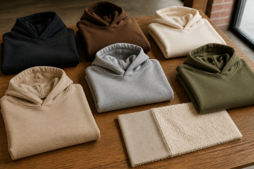 A flat lay of several thick, folded cotton hoodies in neutral and earth tones, with a fabric swatch showing the thick fleece interior texture