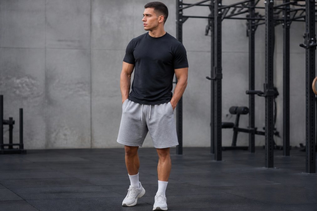 Man wearing oversized heavyweight cotton shorts with a fitted crew-neck tee, standing in natural daylight with relaxed posture, showing the drape and fit of the fabric around the thighs and knees