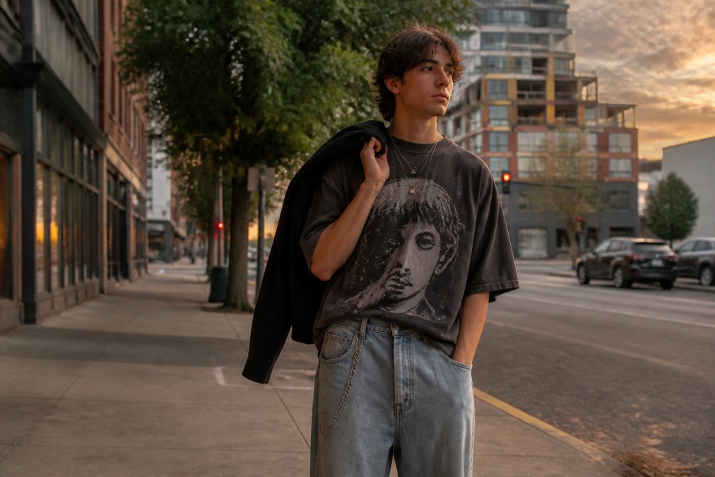 Young adult wearing an oversized graphic tee and loose denim, styling modern streetwear trends on a city sidewalk.