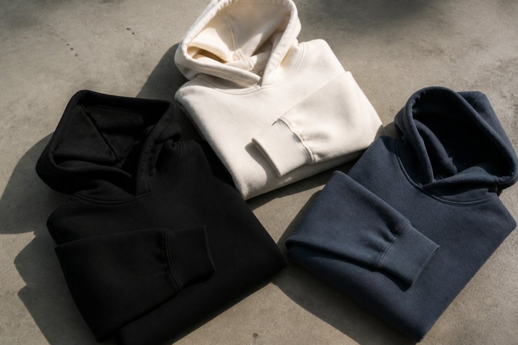 Flat lay of several folded heavyweight hoodies in different colorways arranged on a clean concrete surface, with the thick ribbed cuffs and dense fabric texture clearly visible under natural side lighting