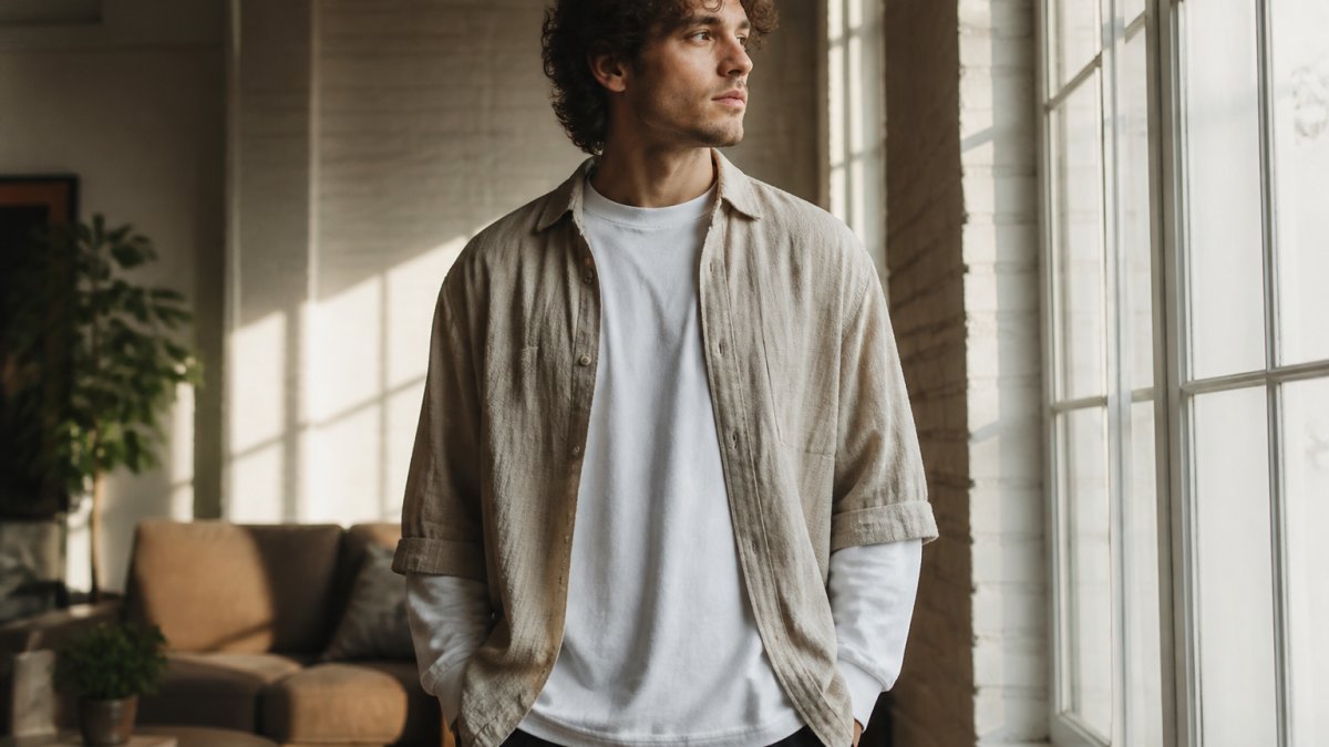 Diagram illustrating a layering method for a thick cotton tee under an open linen shirt for casual outfits